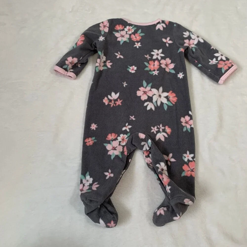 5/$25 Carter's Fleece Footed‎ Sleeper Girl 3M Gray Pink Floral Snap Front Bows